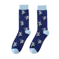 Detailed view of blue cotton crew socks featuring magic rabbit hat patterns and stars. - One Size / Magic Rabbit (1) / Navy Blue
