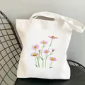 Weiße Canvas-Einkaufstasche mit violettem Kosmosblumen-Druck im Harajuku-Stil. - Violettes Gänseblümchen Stil(STD318-U) / 1 Stück