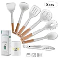 8-piece white silicone kitchen utensil set with natural wood handles and storage bucket - 8-Piece Set