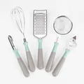 5-teiliges Küchenhelfer-Set aus Edelstahl mit Sparschäler und Schneebesen - Flaschenöffner / Grüngrau