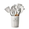 Σετ 11 τεμαχίων σιλικόνης κουζίνας σε λευκό χρώμα με ξύλινες λαβές και κουβά - κρεμ