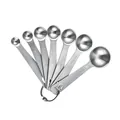 Set of stainless steel measuring spoons with engraved metric and US measurements. - 7-Piece Measuring Spoon Set / 430 Stainless Steel