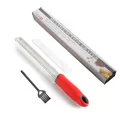 Handheld stainless steel cheese grater set with red handle, cover, brush and box. - Color Box / Red