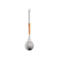 Light gray heat-resistant silicone soup ladle featuring a natural wooden handle and hanging hole - Soup Spoon / White