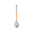 Ergonomic grey silicone slotted spoon with natural wood-textured handle for kitchen cooking - Slotted Spoon / White