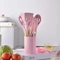 Ροζ σετ 17 τεμαχίων σιλικόνης κουζίνας με ξύλινες λαβές και δοχείο αποθήκευσης - Σετ 11 Τεμαχίων (Με Κάδο) / Ροζ