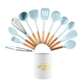 12-teiliges Küchenhelfer-Set aus Silikon in Morandi-Blau mit Holzgriffen und Halter - 12er-Set