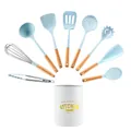 Morandi-blaues Silikon-Küchenhelfer-Set mit Holzgriffen und Aufbewahrungshalter - 9er-Set