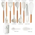 Set of cream silicone kitchen utensils with wooden handles and matching storage bucket - 11 Pieces Set With Bucket / Cream
