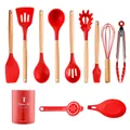 11-piece red silicone kitchen utensil set with wooden handles and storage bucket - 11 Pieces Set With Bucket / Red