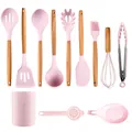 Pink silicone kitchen utensil set with wooden handles and storage bucket - 11 Pieces Set With Bucket / Pink