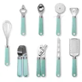 9-piece stainless steel kitchen gadget set with mint green handles on white background - 9-Piece Set / Mint Green