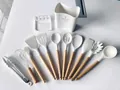 12-piece white silicone kitchen utensil set with wooden handles and bucket - Cream