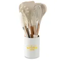 Milk white 10-piece silicone kitchen utensil set with wooden handles in storage tube - 10-Piece Set (Including Storage Tube) / Cream