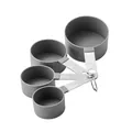 Set of 4 grey plastic and stainless steel measuring cups with engraved scales on ring. - Measuring Cups Only / Gray