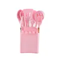 Pink 12-piece silicone kitchen utensil set featuring wooden handles and a storage holder. - Pink