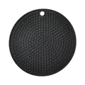 Round black silicone heat-resistant trivet mat with anti-slip texture and hanging hole. - Black