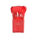 12-piece red silicone kitchen utensil set with wooden handles and storage bucket - Red