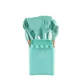 12-piece mint green silicone kitchen utensil set with wooden handles and bucket. - Dark Green