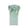 12-piece mint green silicone kitchen utensil set with wooden handles and storage bucket - Light Green
