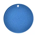 Circular blue silicone heat-resistant mat with textured non-slip surface and hanging hole - Blue