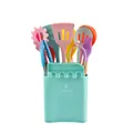 Multicolor silicone kitchen utensil set with wooden handles in mint green holder - Colorful