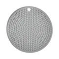Grey round silicone heat resistant mat with textured square surface and hanging hole - Gray