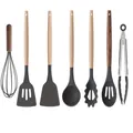 Σετ 7 τεμαχίων σκευών κουζίνας με ξύλινες λαβές και μαύρη σιλικόνη - Σετ 7 Τεμαχίων (Στυλ Αναδευτήρα) / σκούρο γκρι