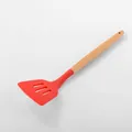 Red silicone slotted spatula with ergonomic wooden handle for non-stick cookware - Slotted Spatula