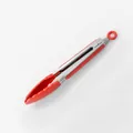 Red heat-resistant silicone kitchen tongs with stainless steel handle and hanging loop - Food Clip