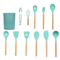 Set professionale di 12 utensili da cucina in silicone verde menta con manici in legno - Set da 11 Pezzi (Con Secchio)