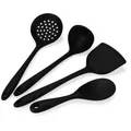 4-piece heat-resistant black silicone kitchen utensil set including spatula and ladle. - Black