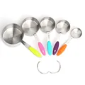 Professional 5-piece stainless steel measuring cup set with colorful heat-resistant silicone handles - 5 Piece Multicolor Handle Measuring Cups Set