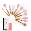11-piece pink silicone kitchen utensil set with wooden handles and storage bucket - Large Bucket 9-Piece Set B / Pink