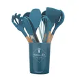 Teal silicone kitchen utensil set with wooden handles and matching utensil holder, 11 pieces. - Large Bucket 9-Piece Set B / Blue