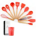 11-piece red silicone kitchen utensil set with wooden handles and storage bucket - Large Bucket 9-Piece Set B / Red