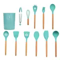 11-piece mint green silicone kitchen utensil set with wooden handles and bucket - Large Bucket 9-Piece Set B / Dark Green