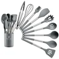 Set de 12 ustensiles de cuisine en silicone gris avec manches en inox et pot - Petit Seau Rond 9 Pièces Ensemble B - Gris