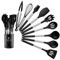 Set de 12 ustensiles de cuisine en silicone noir avec poignées inox et support - Petit Seau Rond 9 Pièces Ensemble B - Noir