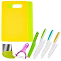 Colorful 7-piece children's plastic kitchen set including knives, cutting boards and peeler. - 8-Piece Set PP Bag