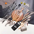 44-piece silicone kitchen utensil set with wooden handles for non-stick cooking - 44-Piece Set / Khaki