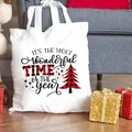 Bolso tote de lona blanca de Navidad con frase festiva y árbol de cuadros rojos - Estampado Tiempo Maravilloso del Año (C2) / 37x34cm Sin Bolsillo Interior Sin Cremallera / Blanco