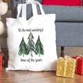 Bolsa navideña de lona blanca con diseño de árboles y una frase festiva - Estampado de Tres Árboles de Navidad (C3) / 37x34cm Sin Bolsillo Interior Sin Cremallera / Blanco