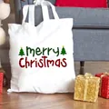 Merry Christmas Canvas-Tragetasche mit kariertem Schriftzug in gemütlicher Deko - Kariertes Frohe Weihnachten mit Kleinen Bäumen Aufdruck (C7) / 37x34cm Keine Innentasche Kein Reißverschluss / Weiß