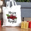 Weiße Stofftasche aus Segeltuch mit rotem Karo-LKW Merry and Bright Weihnachtsaufdruck - Kariertes LKW Fröhlich und Hell Aufdruck (C10) / 37x34cm Keine Innentasche Kein Reißverschluss / Weiß