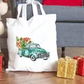 Weiße Canvas-Tragetasche mit Illustration eines Oldtimer-Trucks und Weihnachtsgeschenken. - Vintage Petrol LKW Weihnachtsgeschenk Aufdruck (C11) / 37x34cm Keine Innentasche Kein Reißverschluss / Weiß