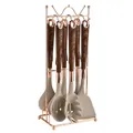 Elegant 7-piece grey silicone kitchenware set with wood-grain handles and rose gold rack - 7-Piece Set With Wire Stand / White
