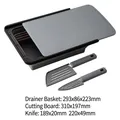 Gray foldable drain basket and cutting board set with two knives for kitchen - 3-Piece Set (Gray)