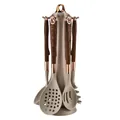 Premium 7-piece silicone kitchen utensil set with stand and stylish wood grain handles - 7-Piece Set with PP Rack / White