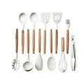 Professional 11-piece white silicone kitchen utensil set featuring ergonomic natural wooden handles - 11-Piece Collection (Without Holder) / Pink